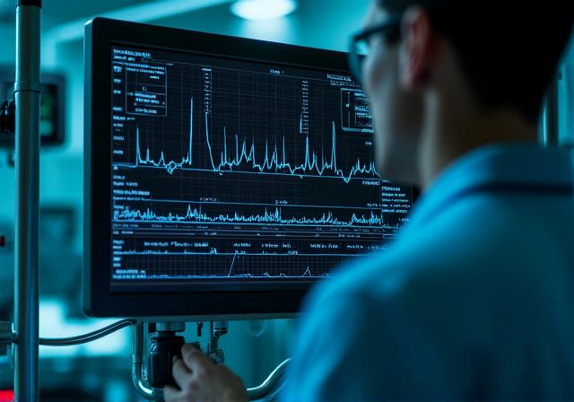 Biomedical data stream on a high-tech monitor